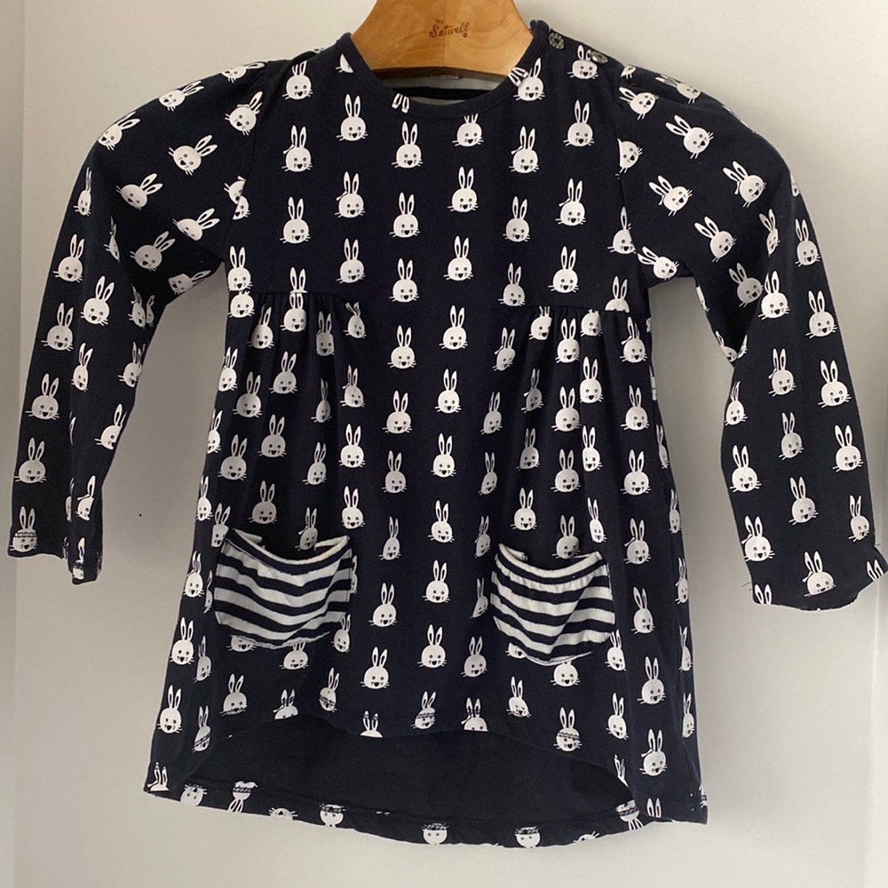 Size Euro 130Y Navy Blue Bunny Dress with striped pockets